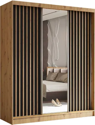 Produktbild von AGMAT Schwebetürenschrank Nevada, Kleiderschrank mit Spiegel und 3 Türen und 2 Schubladen, Moderne Garderobe in Farbe: Artisan, Schrank in Größe: 180 x 216 x 61 cm