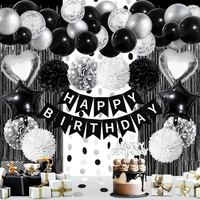 Productafbeelding van Verjaardagsdecoratieset zwart en wit, inclusief banner, pompons en ballonnen