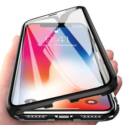 Immagine prodotto di custodia per iPhone X, Cover in vetro temperato integrale con assorbimento magnetico, telaio in metallo, custodia protettiva completa per iPhone X Nero