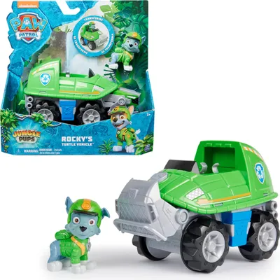 Produktbild von PAW Patrol Jungle Pups – Schnappschildkröten-Fahrzeug mit Rocky-Figur (Basis Fahrzeug), Müllwagen, PAW Patrol, 3 Jahr(e), Kunststoff, Grün, Grau