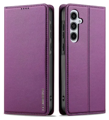 A purple flip-style phone case is shown from two angles, displaying its front and back with camera cutouts.