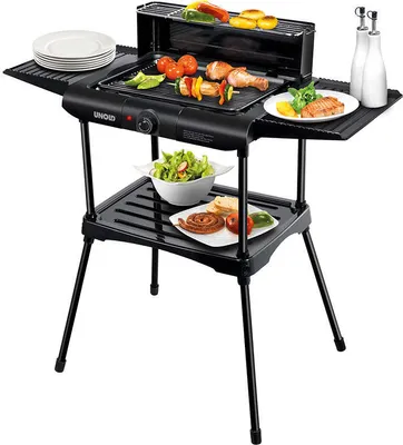 Der Unold 58565 Barbecue-Grill Vario von Unold ist ein schwarzer Elektrogrill, der mit Gemüse und Fl