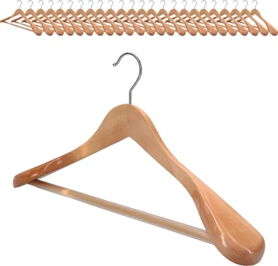 A wooden hanger with a metal hook is shown against a white background.