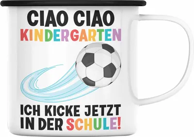 Produktbild von Trendation - Einschulung Junge Fußball Schulkind Geschenk für Schultüte Füllung Emaille Tasse Schulstart 1. Schultag Schuleinführung Schulanfang Geschenkidee 2022 (Schwarz)