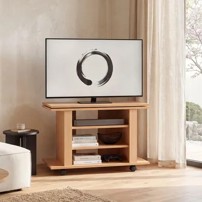 Zdjęcie produktu dla FineBuy Obrotowa szafka pod telewizor na kółkach, stolik pod telewizor 75 x 38 x 50 cm z obrotową podstawą na telewizor | Drewniany stolik pod telewizor z drewna bukowego z półką, szafka pod telewizor