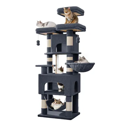 Produktbild von Fobyfurny Katzenkratzbaum, L, 3 Plattformen, 2 Höhlen, 7 Kratzplacken, Hängematte, Plüschbälle, Katzenkratzbaum für Mehrkatzenhaushalte, dunkelgrau