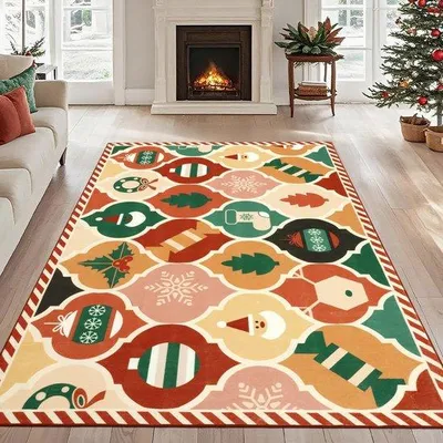 Produktbild von Unyqoos® Großer Vintage-Weihnachtsteppich 120×180 cm – buntes Motiv mit Tannen, Socken & Weihnachtskugeln, TPR-Anti-Rutschrücken, waschbar, weich (Kunstwolle)
