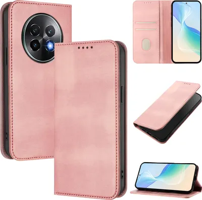 Produktbild von Handyhülle für Realme 13+/Realme 13 Pro, Vintage Leder RFID Schutz Kartenfach Standfunktion Magnetische Klapphülle Pink