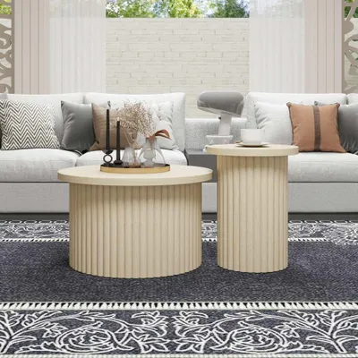 Produktbild von Rundes Couchtisch-Set mit wellenförmigem Design, natürlicher Holzoptik, integriertem Beistelltisch für Wohnzimmer/Büro - 2er-Set