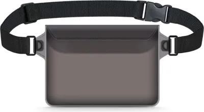 A black and gray waterproof bag with a strap.