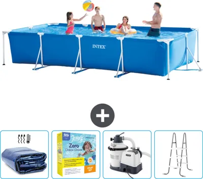 Produktbild von Intex-Schwimmbecken mit rechteckigem Rahmen – 450 x 220 x 84 cm – Blau – im Lieferumfang enthalten Sonnensegel - Wartungspaket - Filterpumpe für Schwimmbad - Leiter