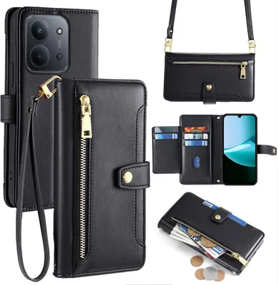 Produktbild von Handykette für Xiaomi Redmi 15C Hülle mit Band Handyhülle Kartenfächer Kunstleder Umhängetasche Schwarz