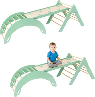 Obrázek produktu pro Šplhací oblouk dřevěná houpačka + skluzavky oboustranné + šplhací trojúhelník pro děti | dětské hřiště | Montessori hračky | houpadlo