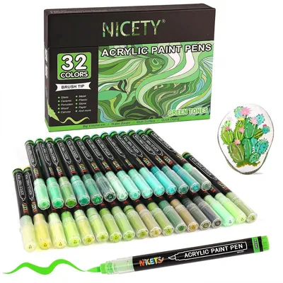 Immagine prodotto di Pennarelli acrilici per pietre, resistenti all'acqua, punta a pennello, da 1 a 5 mm, set da 32 pezzi, colore verde