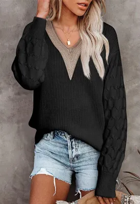 Image de ASKSA Pull Femme Dentelle Col V Tricoté Drop Shoulder Côtelé Hauts, Noir, L