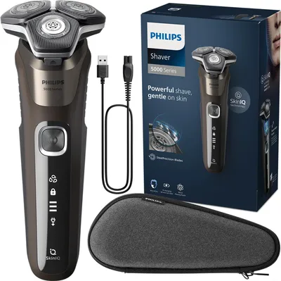 A Philips Series 5000 shaver, charging cable, and storage case are displayed against a white background, alongside the product's packaging.