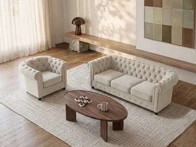 Produktbild von Sofa 3-Sitzer & Sessel - Samt - Beige - CHESTERFIELD