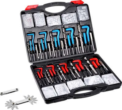 A black plastic case containing a set of thread repair tools, including drills, taps, and hex keys, organized in compartments.