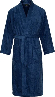 Produktbild von Kimono-Bademantel aus 100% Baumwoll-Frottee, lang, Uni Sauna-Bademantel Dunkelblau, XXL/XXXL, mit Bindegürtel & aufgesetzten Taschen