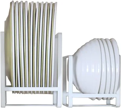 Image de Lot de 2 supports pour assiettes, étagères de cuisine - Organisateur de rangement pour assiettes en métal - Blanc