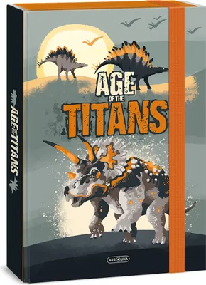 Produktbild von Ars Una Heftbox A4, Sammel- Heftmappe für Schulranzen, mit Gummiband und Innenklappen, Age of the Titans - Dinosaurier, grau-orange, für Jungen