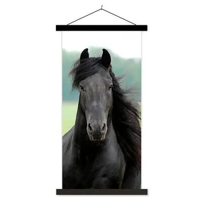 Produktbild von MuchoWow® Textilposter Friesisch - Pferd - Gras 90x180 cm mit schwarzem Rahmen - Dekoration Wohnzimmer