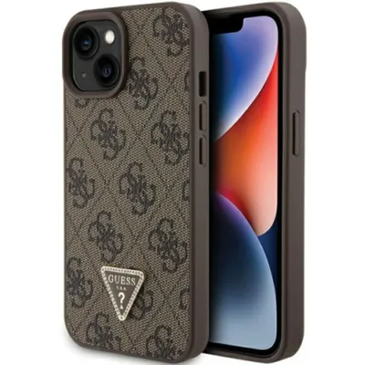 A close-up, studio shot of a brown iPhone case with a repeating Guess logo pattern and a triangular metal logo emblem.