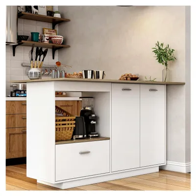 Produktbild von Kücheninsel mit Arbeitsplatte, Küchenwagen mit Schubladen, Küchenschrank mit verstellbaren Trennwänden, Buffetschrank in Holzfarbe und Weiß, Kücheninselschrank, 150x40x91cm