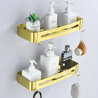 Produktbild von Omgoods – Duschcaddy – Gebürstetes goldenes Aluminium – Duschablage ohne Bohren – Aufbewahrungsbox für Shampoo – Set aus 2 Stück – Rostbeständig – Badezimmerregal
