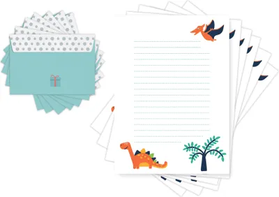 Produktbild von Friendly Fox Kinder Briefpapier Dino, 20 Briefpapier Bögen inkl. Umschlag, DIN A4 Briefpapier mit Umschlag