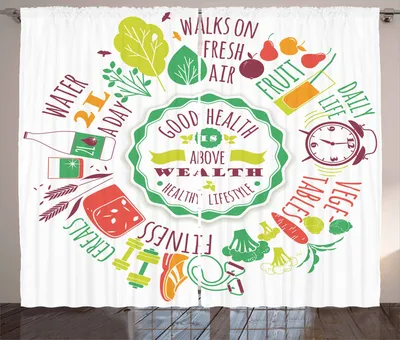 Produktbild von ABAKUHAUS Fitness Rustikaler Vorhang, Motivierende Textikonen, Wohnzimmer Universalband Gardinen mit Schlaufen und Haken, 280 x 260 cm, Mehrfarbig