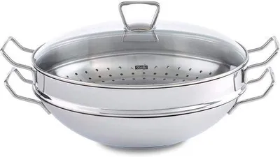Immagine prodotto di Padella wok grande in acciaio inox da 36 cm - non rivestita con coperchio in vetro e vaporiera per piatti asiatici