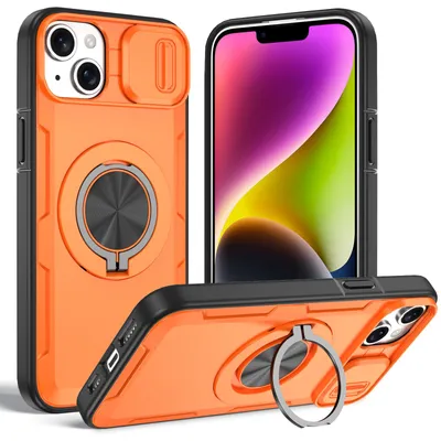 Produktbild von Magnetische Hülle für iPhone 13 /iPhone 14, Militär Stoßfest Handyhülle mit Kameraschutz und Ringhalter Ständer Orange