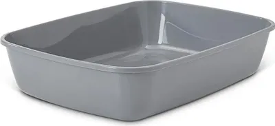 A gray litter box is shown from a slightly elevated side angle against a white background.
