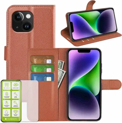 Produktbild von Für Apple iPhone 15 Handy Tasche Braun Etuis Kunst-Leder Hülle Case + H9 Hart Glas