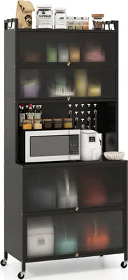 Zdjęcie produktu dla Szafka kuchenna COSTWAY z 6 poziomami, szafka bufetowa z półką, drzwi na zawiasach, powierzchnia robocza mikrofalówki, perforowana ściana i haczyki wolnostojący stojak do pieczenia czarny