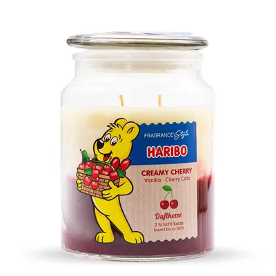 Produktbild von Haribo™ Duftkerze Creamy Cherry, 2 Dochte, HxD: 13 x 10 cm, 100h Brenndauer, Kerze im Glas, Vanille & Kirsche, rosa-weiß