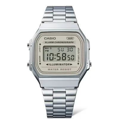 A silver Casio digital watch with a metal band is shown against a white background.