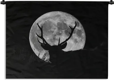Produktbild von MuchoWow® Wandteppich Wandbehang Hirsch - Mond - Nacht 120x90 cm Tapisserie Dekoration Wandtuch - Wohnen - Aufhänger für die Wand