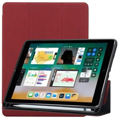 Produktbild von Mobigear Dreifach-Faltetui für iPad 5 (2017), aus TPU und Kunstleder, Klapphülle mit Stifthalter - Weinrot