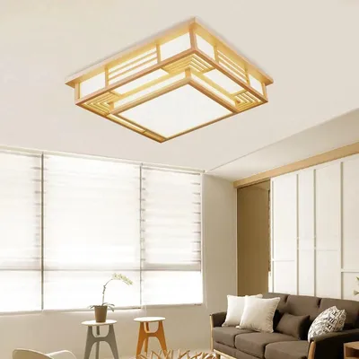 Image de Plafonnière en bois style tatami, avec LED, variateur d'intensité – 50x50x17 cm – Idéale pour le salon et la chambre