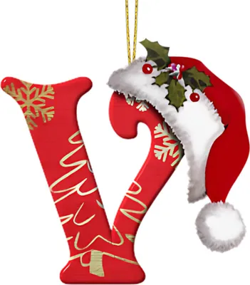 Produktbild von Weihnachtsbuchstaben-Anhänger aus Acryl, 2D-Flachbuchstaben, hängendes Ornament, Weihnachtsbaum, Weihnachtsmütze, Buchstaben-Dekoration für Kaminsims, Tür, Wand, V