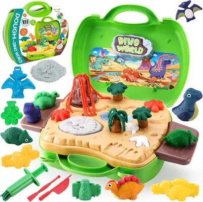 Imagen del producto de Knetset de dinosaurios, con 32 piezas, que incluye 10 masas de plastilina de colores, plantillas y un volcán, ideal para niños a partir de 3 años