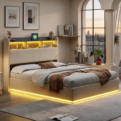 Image de INONEFT, lit rembourré 140x190 cm, lit à lattes avec espace de rangement hydraulique, lit pour adolescents avec éclairage LED et ports USB, revêtement en velours, couleur beige