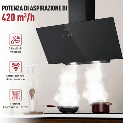 Immagine prodotto di LEVIVO A+++ Cappa Aspirante 80 cm con 420 m³/h, 2 Filtri a Carboni Attivi, 1 Filtro Antigrasso, 3 Velocità e Booster, 2 Luci LED I Cappa Cucina 60 cm con Funzione Riciclaggio o Evacuazione, Nero