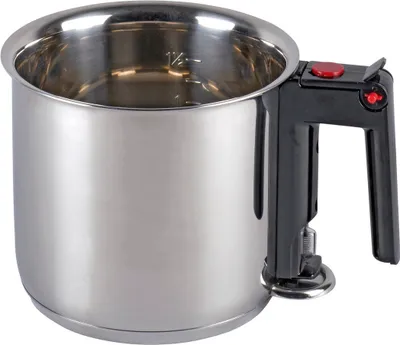 A stainless steel pot with a black handle and red button.