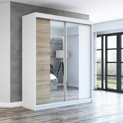 Produktbild von Schwebetürenschrank, 2-türig Schrank ELEGANZA 180 cm (mit Spiegel) Weiß / sonoma / weiß