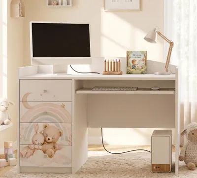 Immagine prodotto di Scrivania per bambini e adolescenti, bianca, 125x60 cm, con decorazioni, ideale per studenti, tavolo da lavoro per bambini, mobili per bambini, con ampio spazio di stoccaggio, Immagine generata dall'IA