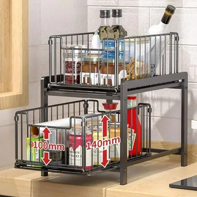 Immagine prodotto di Organizzatore per la cucina - Scaffale per armadi - A due ripiani - Per il lavello - Adatto per cucina e bagno - Colore nero