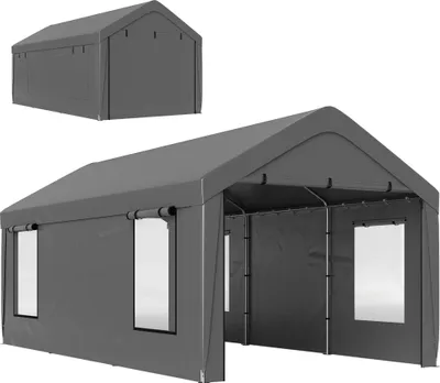 Image de Outsunny Carport tente de garage 3 x 6 m abri voiture extérieur tente de stockage avec parois latérales amovibles, 2 portes enroulables et 4 fenêtres, carport pour voiture, camion, bateau, gris foncé